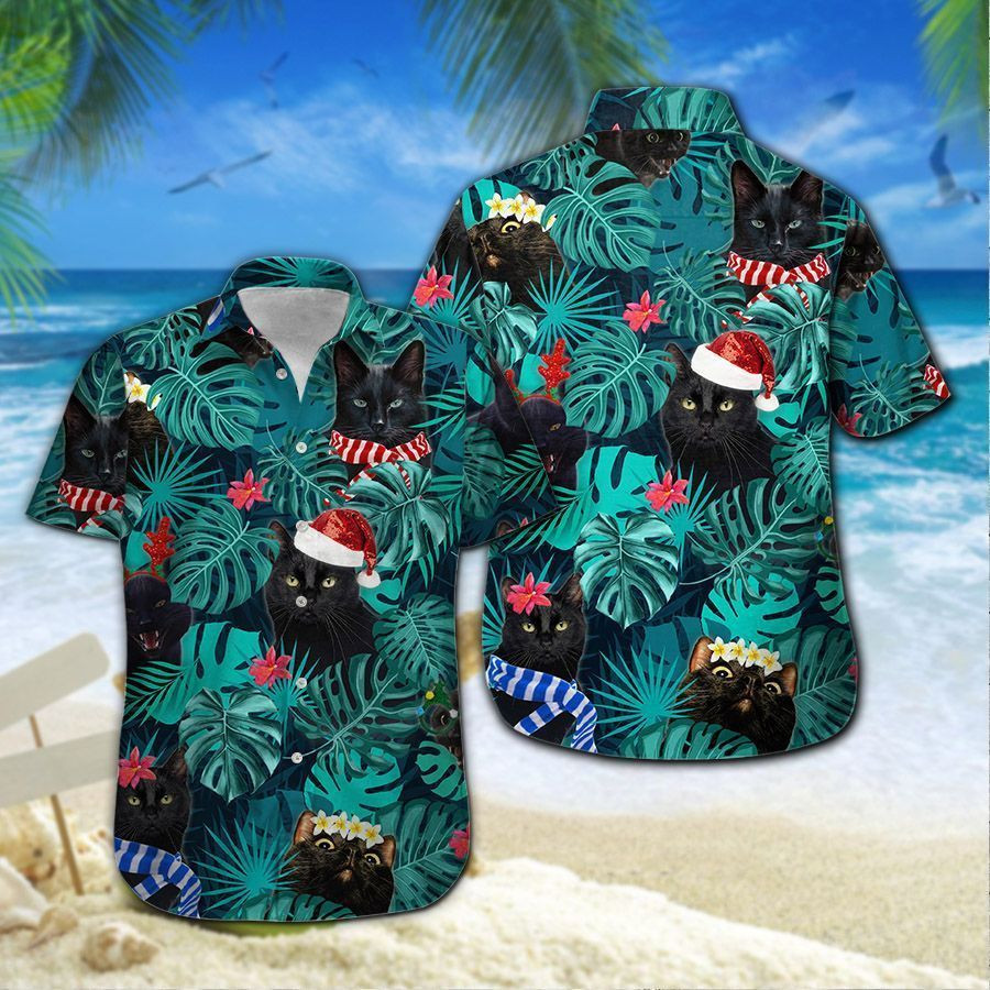 Back Cat And Santa Surfing Men For Omeone Who Loves Back Cat On Christmas Time Hawaiian Shirt