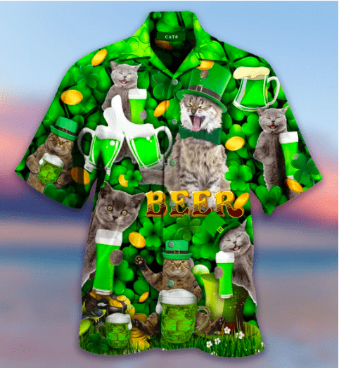 Funny Cat With Beer On Saint Patrick is Day Hawaiian Shirt