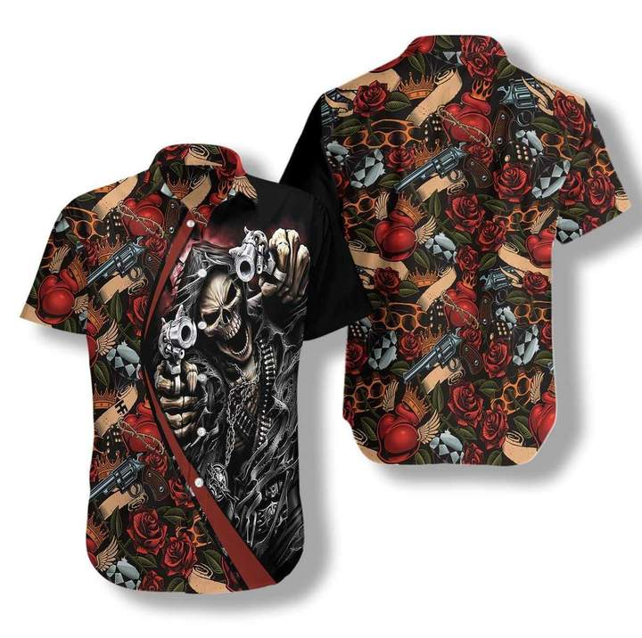 Cool Skull Hooded Take Gun Red Rose Hawaiian Shirt