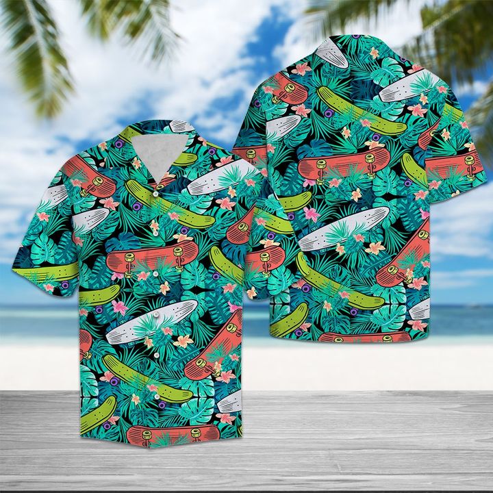 Skateboard Tropical Hawaiian Shirt Summer Button Up-