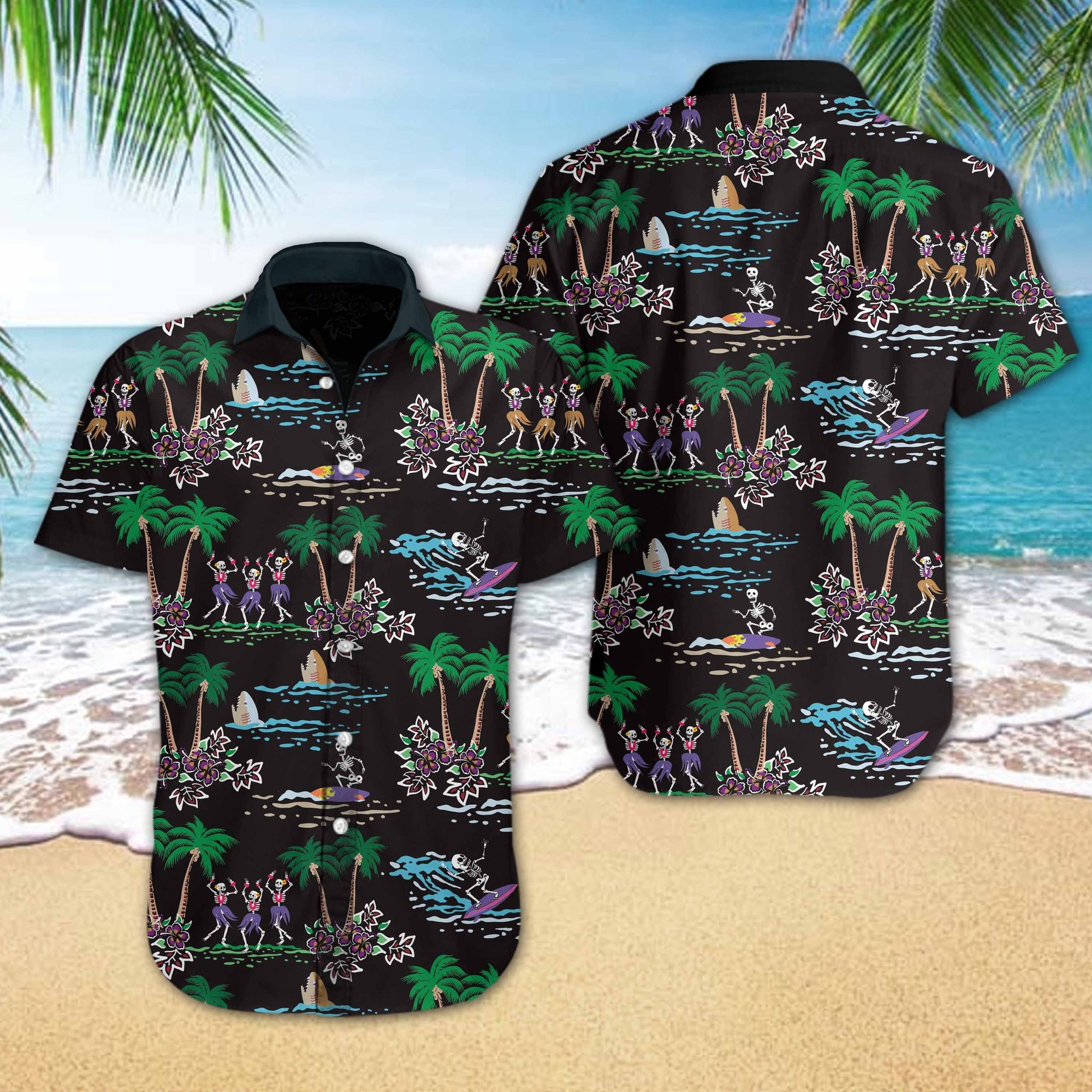 Skeleton Beach Hawaiian Shirt Summer Button Up