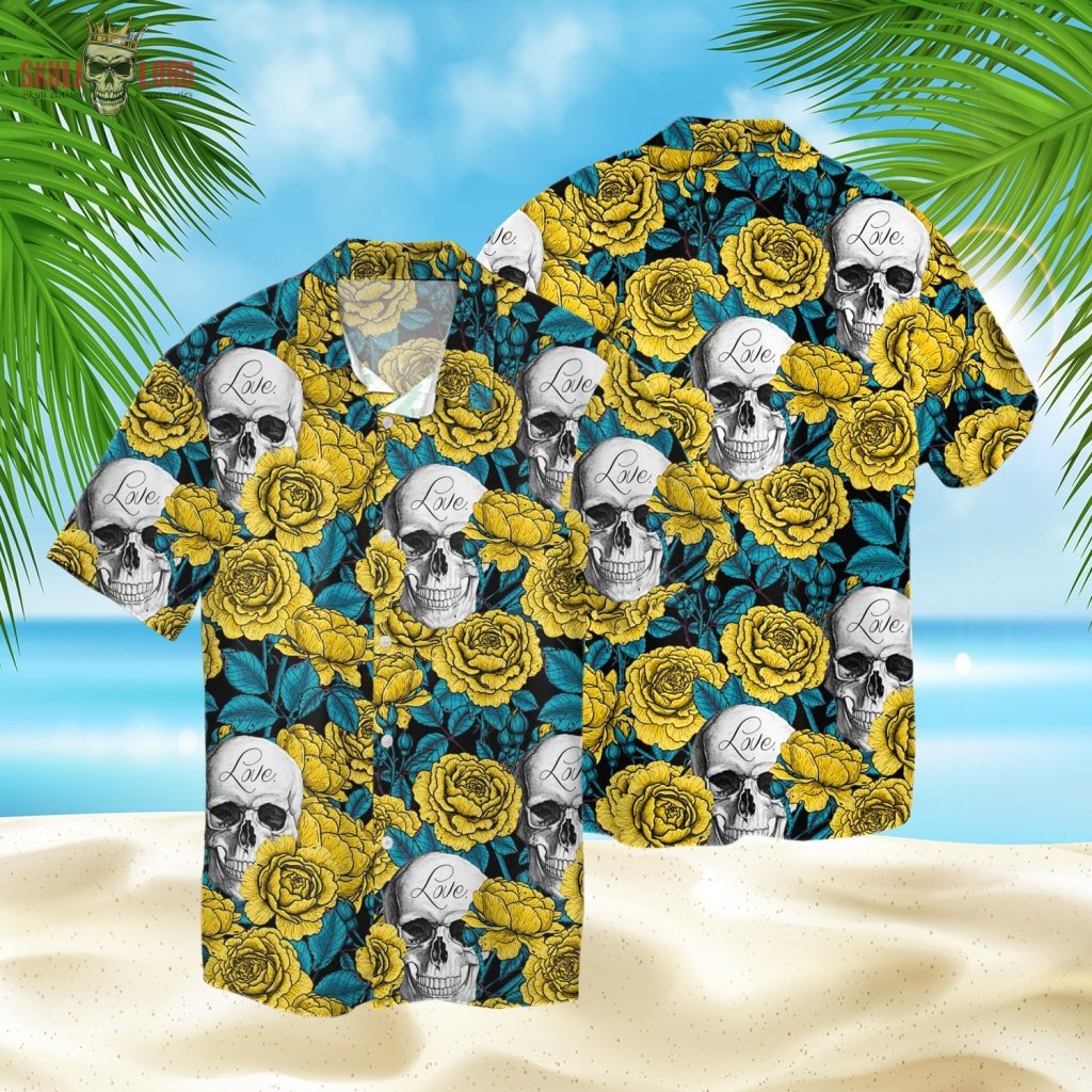 Yellow Tropical Flower Skull 3d Hawaiian Shirt