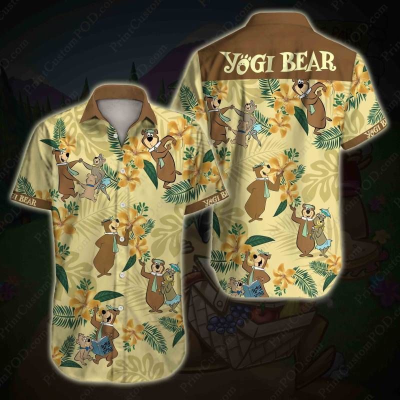 Yogi Bear Hawaiian Graphic Print Short Sleeve Hawaiian Casual Shirt