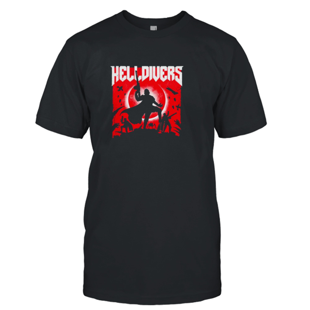 Helldivers game in the style of Doom shirt